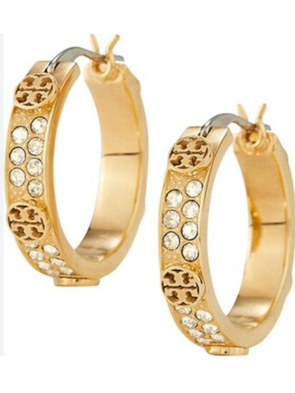 ✺ Gold-Tone Tory Burch Miller Gold and Crystal Logo Huggie/Hoops ✺✺